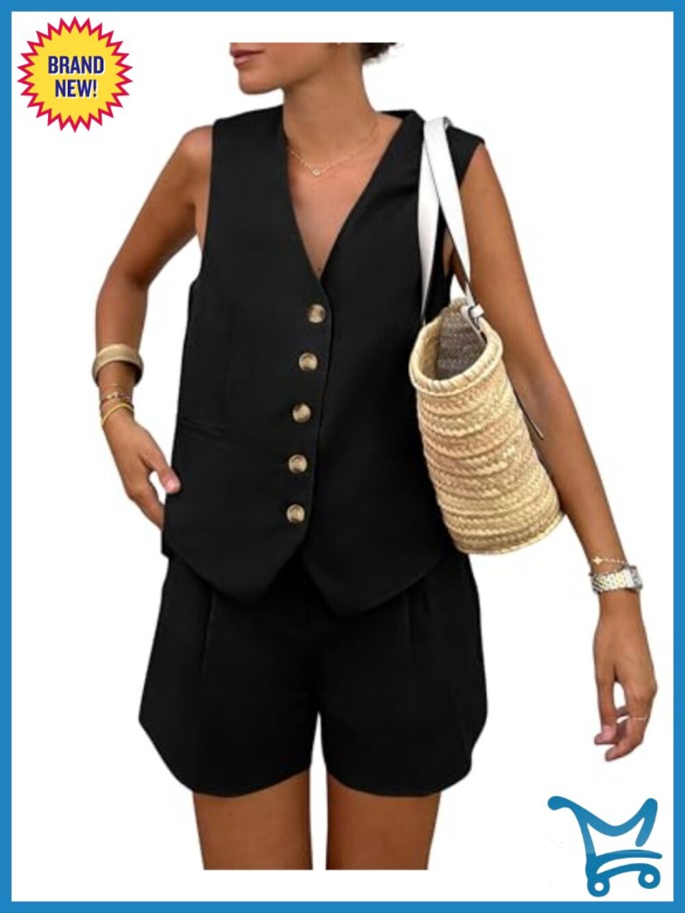 Women's 2 Piece Outfits Sleeveless Matching Set Button Down Vest and Shorts